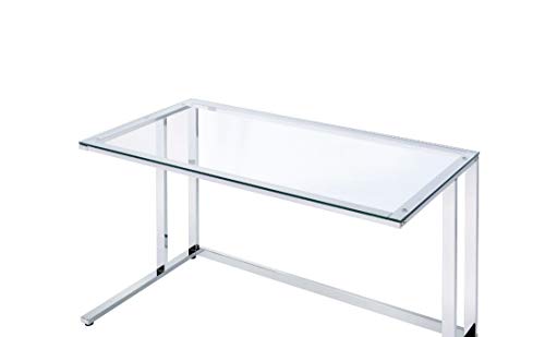 Knocbel Contemporary Computer Desk Home Office Workstation Writing Table with Tempered Glass Top & Metal Frame, 47" L x 24" W x 30" H (Clear and Chrome)