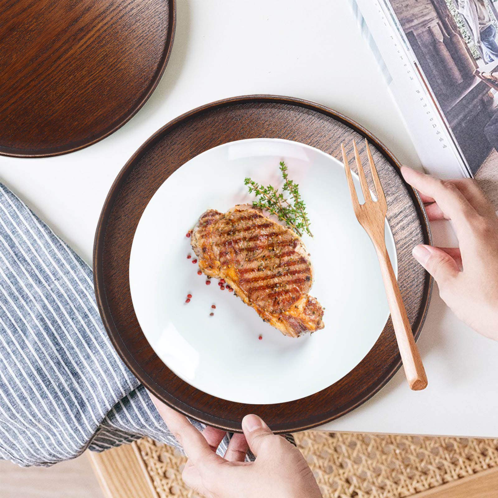 Solid Wood Serving Tray, Round Non-Slip Tea Coffee Snack Plate Food Meals Serving Tray with Raised Edges for Home Kitchen Restaurant (10.7inch, Brown)