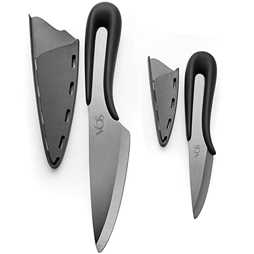 Vos Ceramic Knife Set with Covers 2 Pcs - 5" Santoku Knife, 3" Paring Knife and 2 Black Covers - Advanced Kitchen Knives for Cutting, Chopping, Slicing, Dicing with Ergonomic Unique Handles