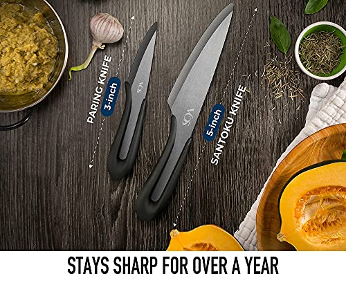 Vos Ceramic Knife Set with Covers 2 Pcs - 5" Santoku Knife, 3" Paring Knife and 2 Black Covers - Advanced Kitchen Knives for Cutting, Chopping, Slicing, Dicing with Ergonomic Unique Handles