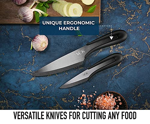 Vos Ceramic Knife Set with Covers 2 Pcs - 5" Santoku Knife, 3" Paring Knife and 2 Black Covers - Advanced Kitchen Knives for Cutting, Chopping, Slicing, Dicing with Ergonomic Unique Handles