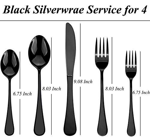 Black Silverware Set 20 Piece, Stainless Steel Flatware Set for 4, Cutlery Utensils Set Include Knives/Forks/Spoons Service for 4, Mirror Polished and Dishwasher Safe