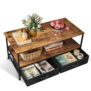 wlive coffee table with storage drawers and open shelf, mid-century modern wood and metal cocktail table for living room