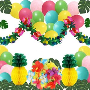 hawaiian luau party decorations 82pcs, tropical party balloons, palm leaves, flower banner, hibiscus flowers, pineapple, for summer party supplies beach party wedding birthday party for adult & kid