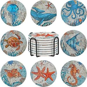 8 pieces stone coasters with holder for drinks, cork base ocean beach theme tropical, for housewarming, apartment kitchen room bar decor, funny birthday, wooden table