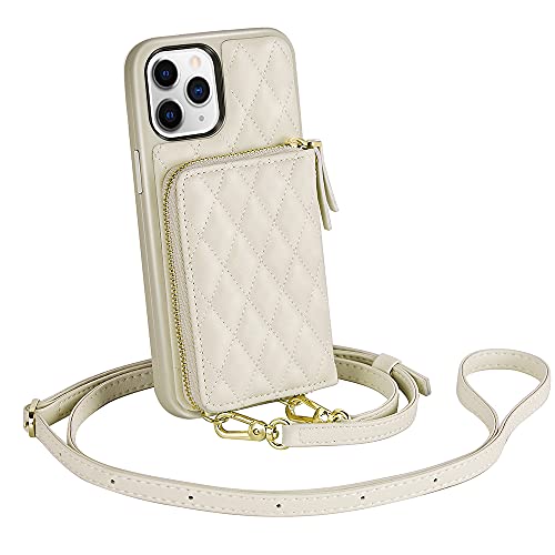 LAMEEKU iPhone 11 Pro Max Case Wallet, Card Holder Case Quilted Leather Crossbody Wallet Case for Lady with Wrist Strap Shockproof Case Compatible with iPhone 11 Pro Max, 6.5"-Beige