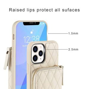 LAMEEKU iPhone 11 Pro Max Case Wallet, Card Holder Case Quilted Leather Crossbody Wallet Case for Lady with Wrist Strap Shockproof Case Compatible with iPhone 11 Pro Max, 6.5"-Beige