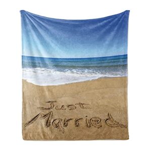 ambesonne wedding soft flannel fleece throw blanket, just married written on sandy beach ocean waves romantic photo celebration, cozy plush for indoor and outdoor use, 50" x 60", white brown
