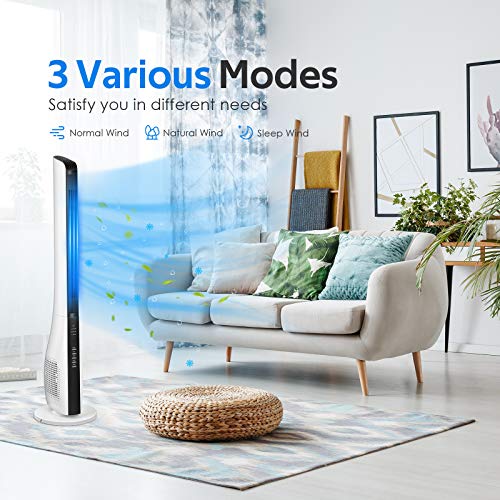 Bladeless Tower Fan - 43" Standing Cooling Oscillating Floor Fan w/ Remote, 3 Speeds & 3 Modes, 7.5H Timer, Quite Electric White Air Circulator Fan for Bedroom, Living Room, Office, Home, Indoor use