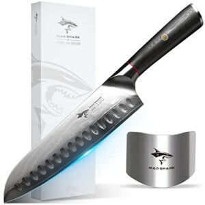 mad shark ultra sharp chef knife, professional 8 inch damascus santoku knife, made of super damascus stainless steel, non-stick blade kitchen knife with ergonomic handle, finger guard & gift box