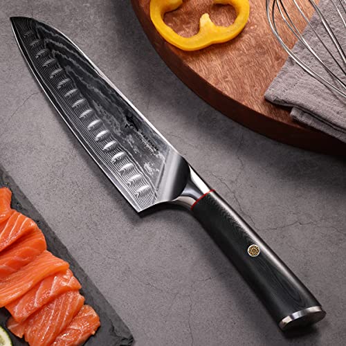 MAD SHARK Ultra Sharp Chef Knife, Professional 8 Inch Damascus Santoku Knife, Made of Super Damascus Stainless Steel, Non-stick Blade Kitchen Knife with Ergonomic Handle, Finger Guard & Gift Box