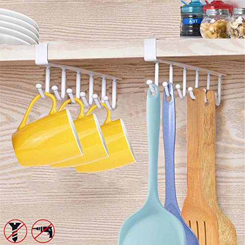 EigPluy 2pcs Mug Hooks Under Cabinet,Nail Free Adhesive Coffee Cups Holder Hanger for Cups/Kitchen Utensils/Ties Belts/Scarf (White)