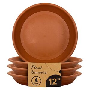 jantens plant saucers - 4 pack of 12 inch - durable thicker plastic plant tray flower pot saucers for outdoors indoors flower pots and planters, terracotta