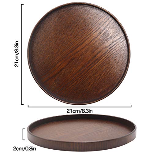 NC Solid Wood Serving Tray, Round Non-Slip Tea Coffee Snack Plate Food Meals Serving Tray with Raised Edges for Home Kitchen Restaurant (8.2inch, Brown)