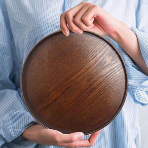 NC Solid Wood Serving Tray, Round Non-Slip Tea Coffee Snack Plate Food Meals Serving Tray with Raised Edges for Home Kitchen Restaurant (8.2inch, Brown)