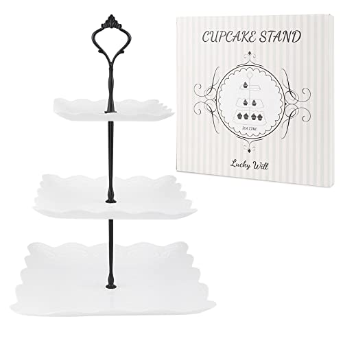 Lucky Will 3 Tier Cupcake Stand Plastic Tiered Tray Dessert Cakes Snacks Display Tower Tray for Halloween Wedding Birthday Party Tea Party (Black New Crown,Square)