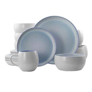 elama round stoneware mocha collection contemporary dinnerware dish set, 16 piece, blue and white