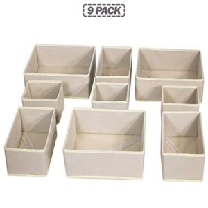 DIOMMELL 9 Pack Foldable Cloth Storage Box Closet Dresser Drawer Organizer Fabric Baskets Bins Containers Divider for Baby Clothes Underwear Bras Socks Lingerie Clothing,Beige 333