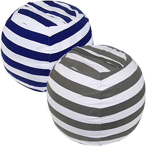 2 Packs Stuffed Animal Storage Beanbag Cover 24" Bean Bag Storage for Kids Girs Boys Room Toys Organizer Heavy-duty Zipper Bean Bag Chair Covers Only Grey Blue White Stripes Cotton Canvas