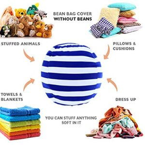 2 Packs Stuffed Animal Storage Beanbag Cover 24" Bean Bag Storage for Kids Girs Boys Room Toys Organizer Heavy-duty Zipper Bean Bag Chair Covers Only Grey Blue White Stripes Cotton Canvas