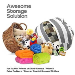 2 Packs Stuffed Animal Storage Beanbag Cover 24" Bean Bag Storage for Kids Girs Boys Room Toys Organizer Heavy-duty Zipper Bean Bag Chair Covers Only Grey Blue White Stripes Cotton Canvas