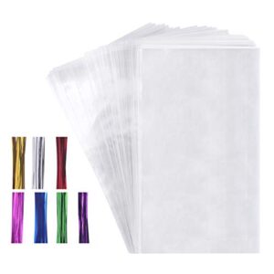 sekmet 100 cello cellophane treat bags(1.8mil.),7x12in big opp clear plastic bags for bakery,popcorn,cookies, candies,dessert with 7 colors twist ties!