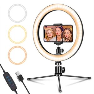 led ring light 10" with tripod stand & phone holder for live streaming & youtube video, dimmable desk makeup ring light for photography, shooting with 3 light modes & 10 brightness level