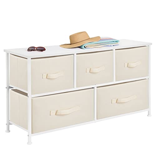 mDesign 21.65" High Steel Frame/Wood Top Storage Dresser Furniture Unit with 5 Removable Fabric Drawers - Wide Bureau Organizer for Bedroom, Living Room, Closet - Jane Collection, Cream/White