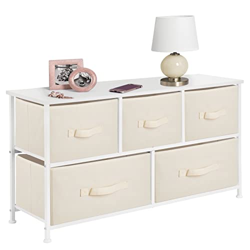 mDesign 21.65" High Steel Frame/Wood Top Storage Dresser Furniture Unit with 5 Removable Fabric Drawers - Wide Bureau Organizer for Bedroom, Living Room, Closet - Jane Collection, Cream/White