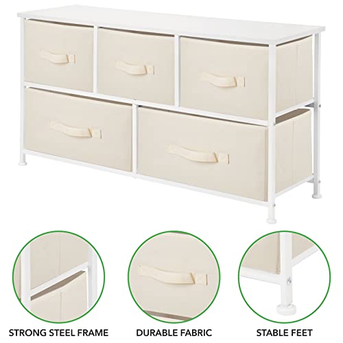 mDesign 21.65" High Steel Frame/Wood Top Storage Dresser Furniture Unit with 5 Removable Fabric Drawers - Wide Bureau Organizer for Bedroom, Living Room, Closet - Jane Collection, Cream/White