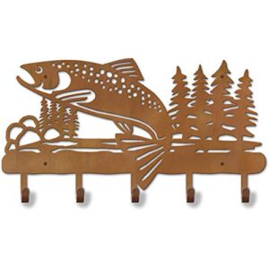 cold nose creations 24in fishing theme jumping trout in stream decorative metal wall mount 5-hooks hat and coat rack