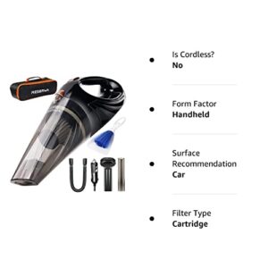 Reserwa [5th Gen] 12V 106W Car 4500PA Much Stronger Suction Potable Handheld Auto Vacuum Cleaner with 16.4FT(5M) Power Cord, Carrying Bag, Cleaning Brush (Black)