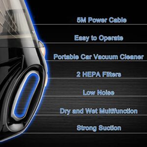 Reserwa [5th Gen] 12V 106W Car 4500PA Much Stronger Suction Potable Handheld Auto Vacuum Cleaner with 16.4FT(5M) Power Cord, Carrying Bag, Cleaning Brush (Black)