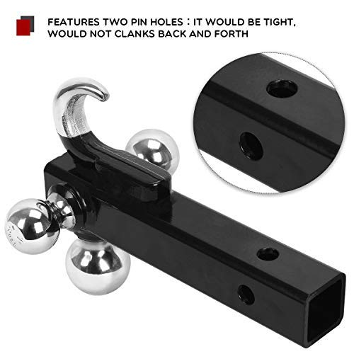 YITAMOTOR Trailer Hitch Tri Ball Mount with Hook, Multi Hitch Ball Mount Fits 2" Hitch Receiver, 1-7/8", 2", 2-5/16" Tri Ball Hitch (Black&Chrome)