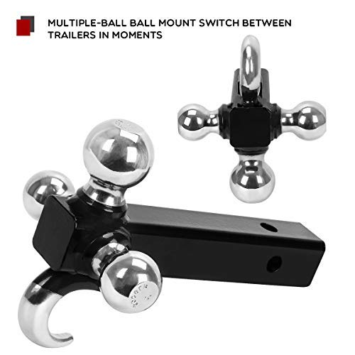 YITAMOTOR Trailer Hitch Tri Ball Mount with Hook, Multi Hitch Ball Mount Fits 2" Hitch Receiver, 1-7/8", 2", 2-5/16" Tri Ball Hitch (Black&Chrome)