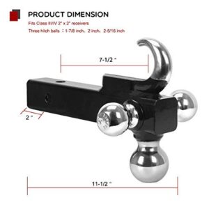 YITAMOTOR Trailer Hitch Tri Ball Mount with Hook, Multi Hitch Ball Mount Fits 2" Hitch Receiver, 1-7/8", 2", 2-5/16" Tri Ball Hitch (Black&Chrome)