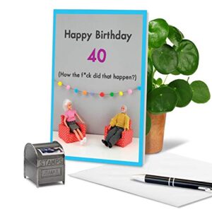 NobleWorks - 40th Birthday Card with Envelope - Funny Stationery Notecard for Birthdays, 40 Year Old Greeting - How Did 40 Happen C7322MBG