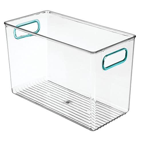 mDesign Plastic Storage Organizer Container Bin with Handles - for Bathroom Vanity Countertops, Shelves, Cabinets Organization - Holds Soaps, Body Wash, Shampoos, Lotion - 12" x 6" - Clear/Blue