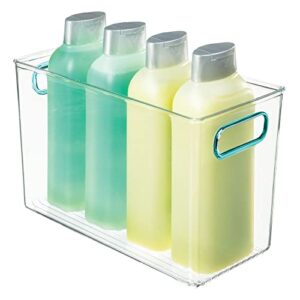 mDesign Plastic Storage Organizer Container Bin with Handles - for Bathroom Vanity Countertops, Shelves, Cabinets Organization - Holds Soaps, Body Wash, Shampoos, Lotion - 12" x 6" - Clear/Blue