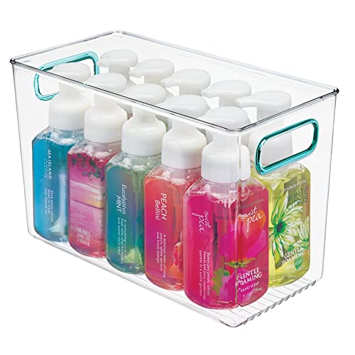 mDesign Plastic Storage Organizer Container Bin with Handles - for Bathroom Vanity Countertops, Shelves, Cabinets Organization - Holds Soaps, Body Wash, Shampoos, Lotion - 12" x 6" - Clear/Blue