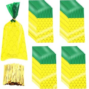 chinco 100 pieces pineapple cellophane bags cellophane treat bags party favor bags with 200 pieces gold twist ties for cookies candies summer hawaiian holiday holiday swimming pool party