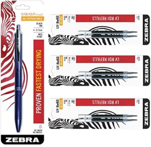 zebra sarasa grand, retractable gel ink pen, navy barrel, medium point, 0.7mm, black ink, 1-count bundle with 6 refills