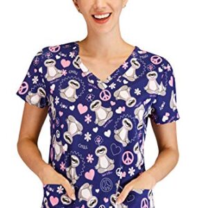 Minty Mint Women's Stretch Printed V-Neck Medical Scrub Top Navy Pink S