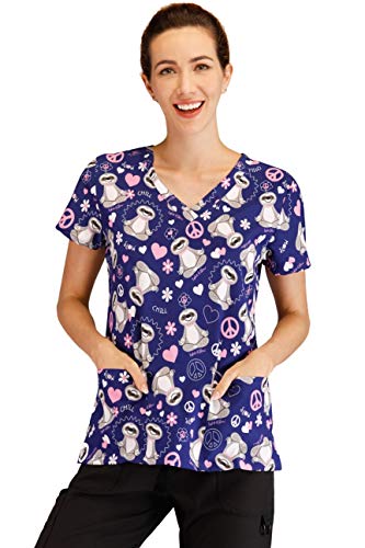 Minty Mint Women's Stretch Printed V-Neck Medical Scrub Top Navy Pink S