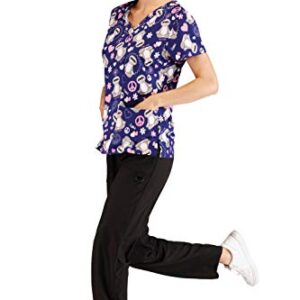 Minty Mint Women's Stretch Printed V-Neck Medical Scrub Top Navy Pink S