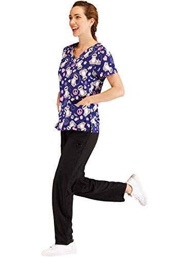 Minty Mint Women's Stretch Printed V-Neck Medical Scrub Top Navy Pink S