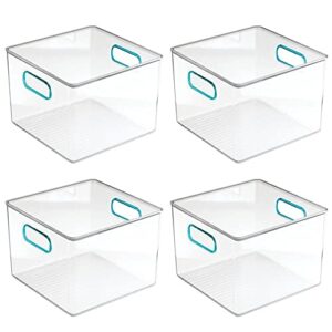 mDesign Plastic Food Storage Container Bin with Handles for Kitchen, Pantry, Cabinet, Fridge/Freezer - Cube Organizer for Snacks, Produce, Vegetables, Pasta - BPA Free, Food Safe - 4 Pack, Clear/Blue