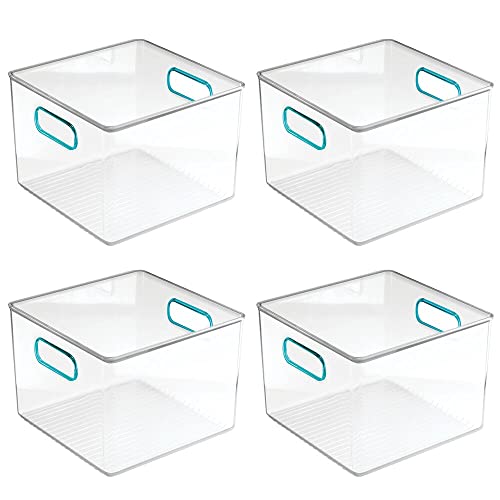 mDesign Plastic Food Storage Container Bin with Handles for Kitchen, Pantry, Cabinet, Fridge/Freezer - Cube Organizer for Snacks, Produce, Vegetables, Pasta - BPA Free, Food Safe - 4 Pack, Clear/Blue