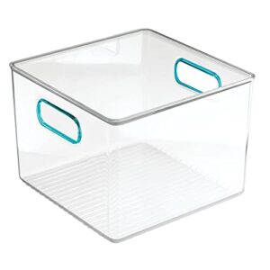 mDesign Plastic Food Storage Container Bin with Handles for Kitchen, Pantry, Cabinet, Fridge/Freezer - Cube Organizer for Snacks, Produce, Vegetables, Pasta - BPA Free, Food Safe - 4 Pack, Clear/Blue