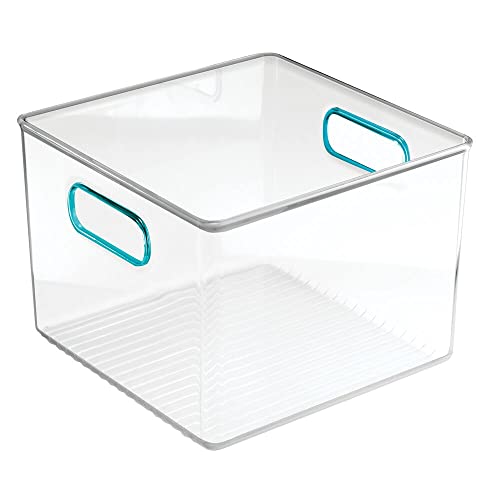 mDesign Plastic Food Storage Container Bin with Handles for Kitchen, Pantry, Cabinet, Fridge/Freezer - Cube Organizer for Snacks, Produce, Vegetables, Pasta - BPA Free, Food Safe - 4 Pack, Clear/Blue